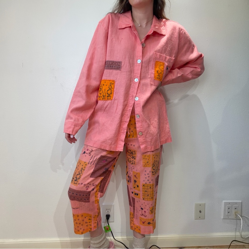 Vintage Patchwork Linen Pants Set - image 1